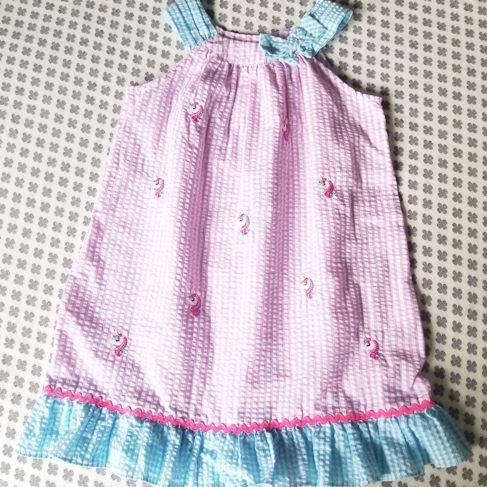 Seersucker Pink and Blue with Unicorns & Bows